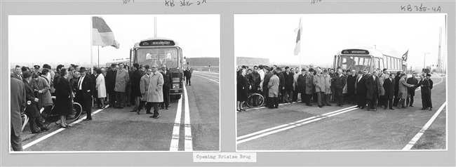 Aankomst gasten met RTM bus voor opening Brielse Brug, 1970