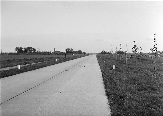 De Prinses Beatrixlaan richting Den Haag, een betonweg waarvan de bovenste laag van beton is. In de verte het kruispunt met de Kleiweg (huidige Sir Winston Churchilllaan). De woningen op de foto zijn inmiddels gesloopt.