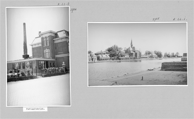 Pettenfabriek en Oudhoornse Kerk in Alphen aan den Rijn, 1947