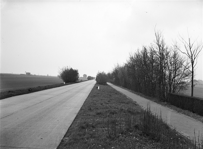 Oorspronkelijke titel 'Weg Boskoop-Hazerswoude Noord-Zuid', maar dit is de Provincialeweg (huidige N209), vanuit Hazerswoude-Dorp naar kruispunt 'De Lugt'.