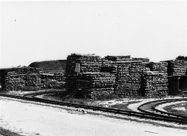 Opslagplaats. Dit materiaal werd waarschijnlijk gebruikt voor het versterken van dijken. De foto is vermoedelijk gemaakt tussen 1950 en 1960.
